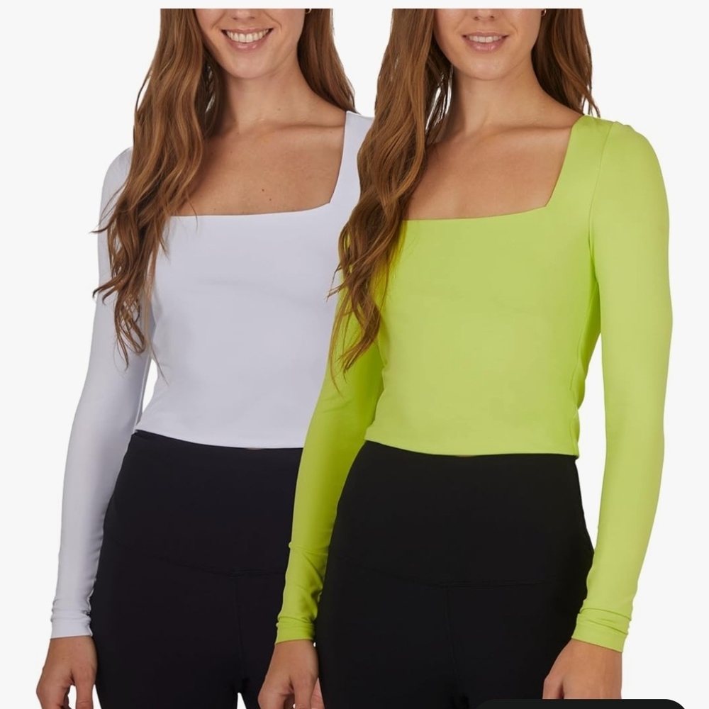 Square Neck Long Sleeve Tops - White and Green